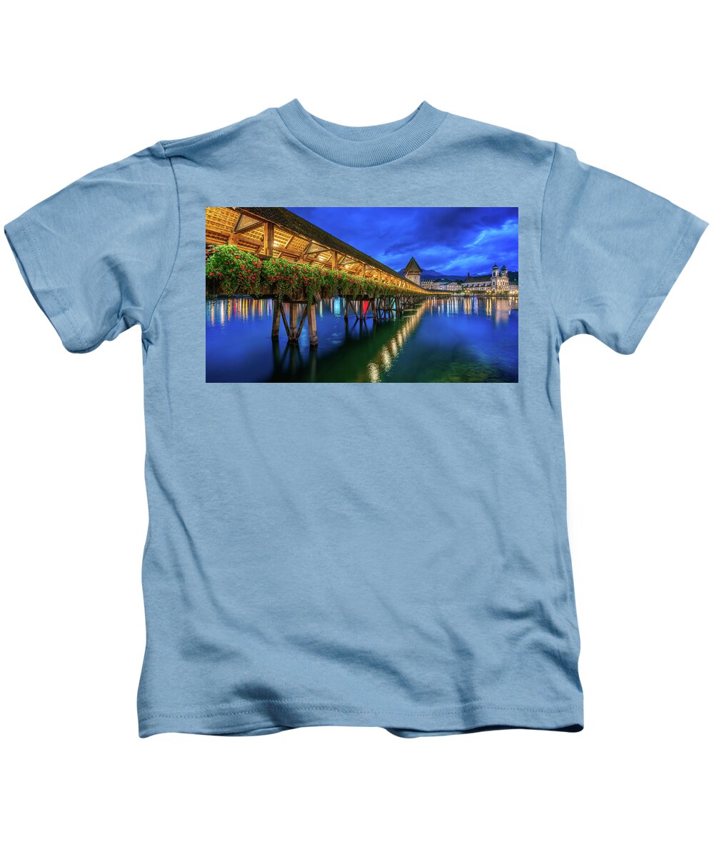 City Kids T-Shirt featuring the digital art Blue Hour at the Chapel Bridge by Kevin McClish