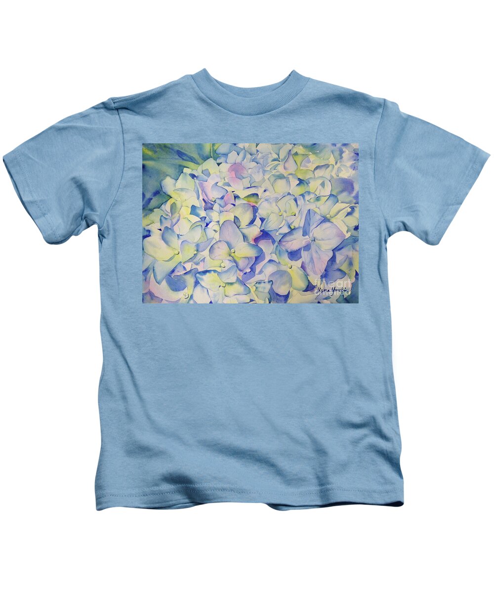Hydrangeas Kids T-Shirt featuring the painting Blue Hydrangeas by Liana Yarckin