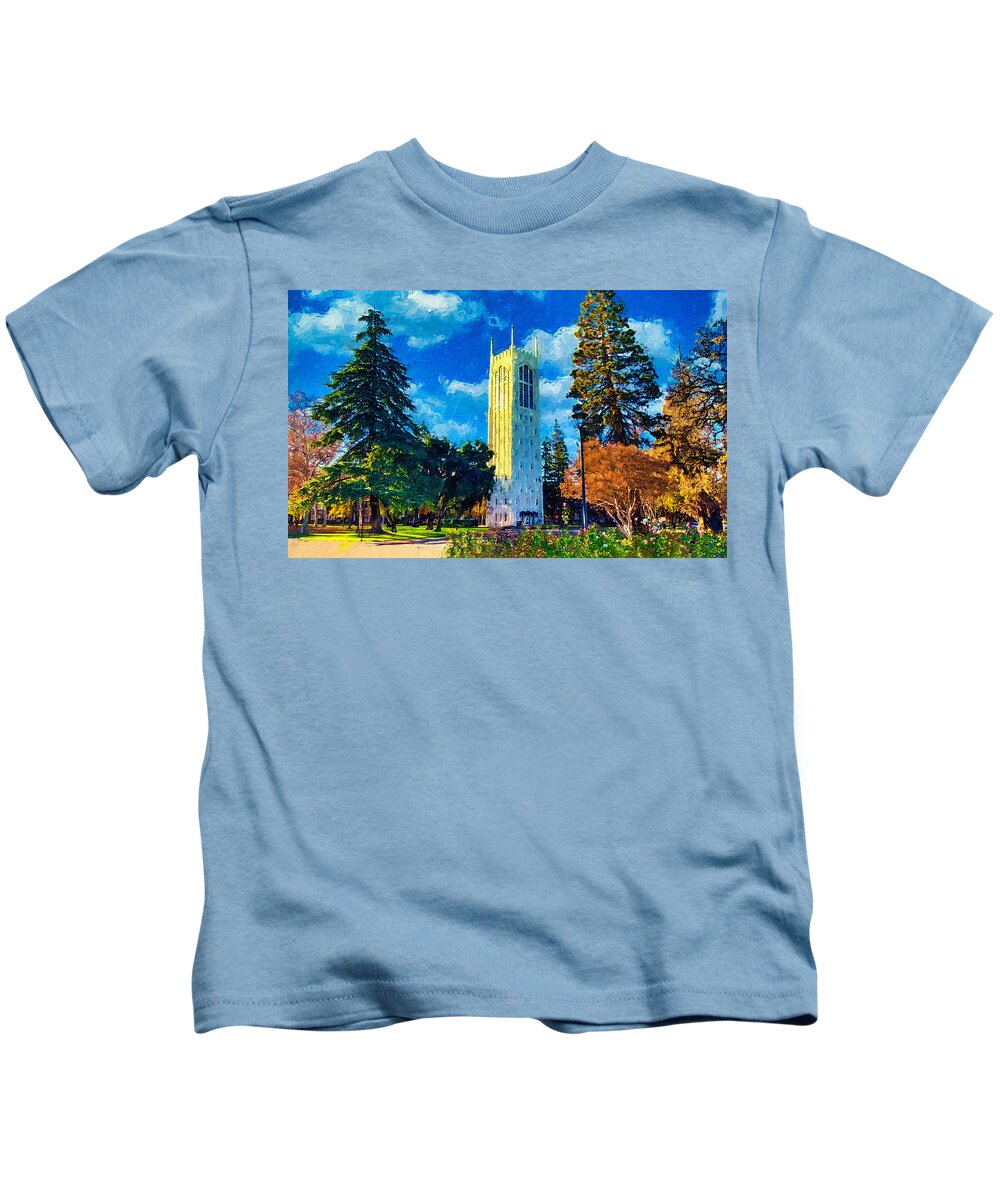 Burns Tower Kids T-Shirt featuring the digital art Burns Tower of the University of the Pacific in Stockton, California by Nicko Prints