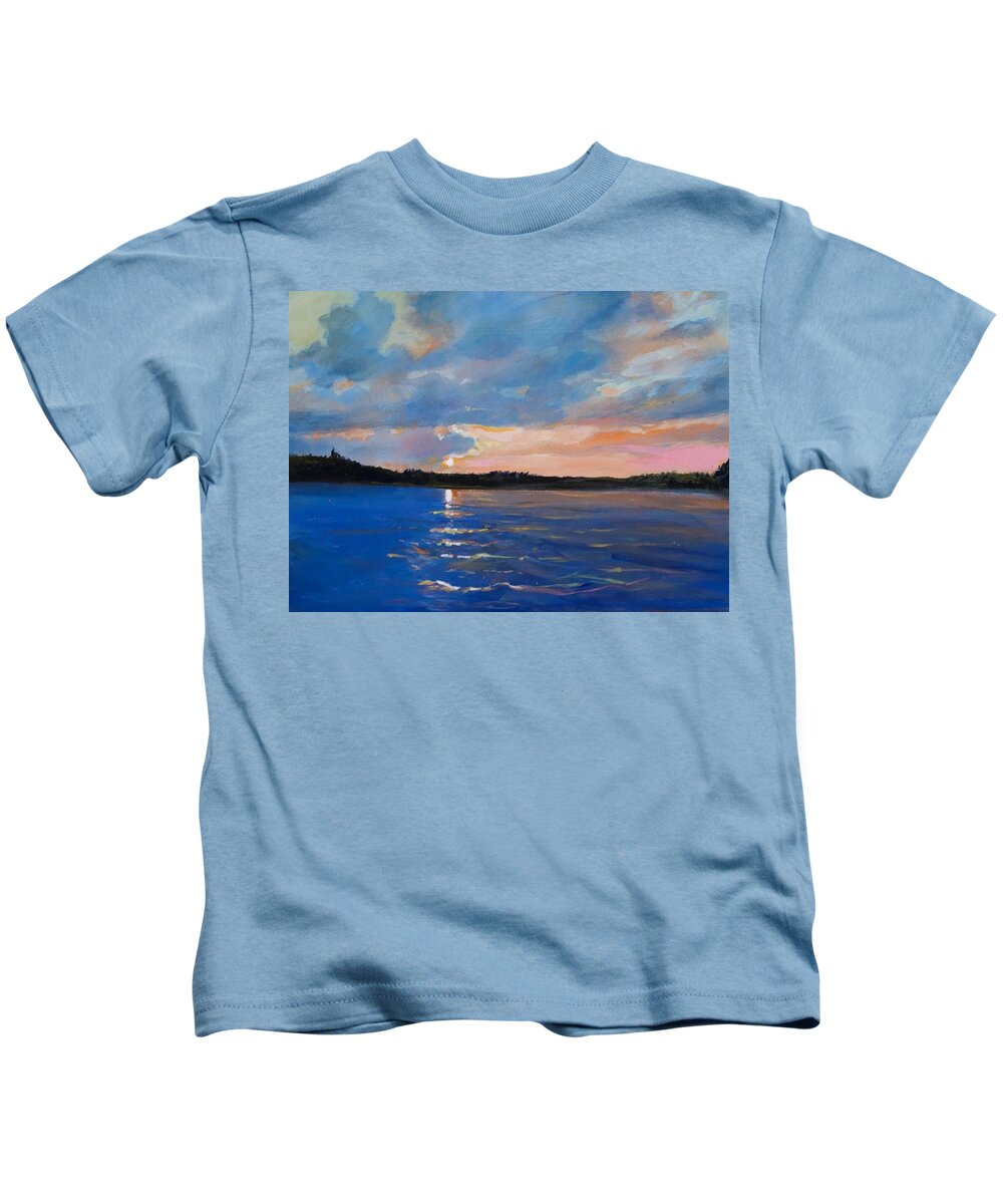 Waltmaes#sunset#candian Sunset#sunset On Lake Kipawa Canada#pink Sky Sunset Non Lake#northern Canada Lake Sunset# Sunset On Lake In Quebec Kids T-Shirt featuring the painting Call it a day by Walt Maes