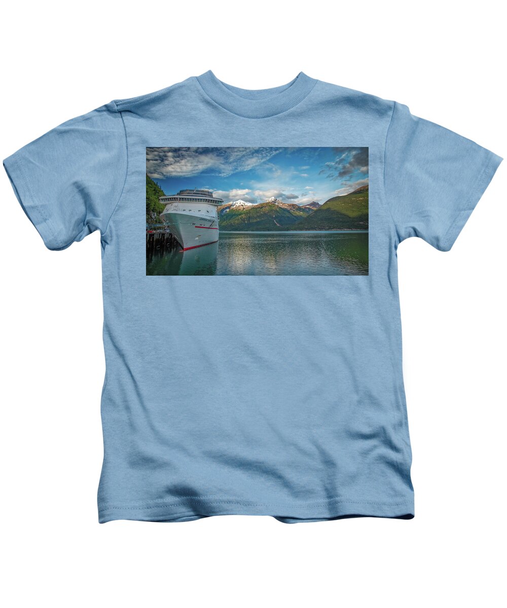 Brown Kids T-Shirt featuring the photograph Carnival Miracle in Skagway Alaska by Robert J Wagner