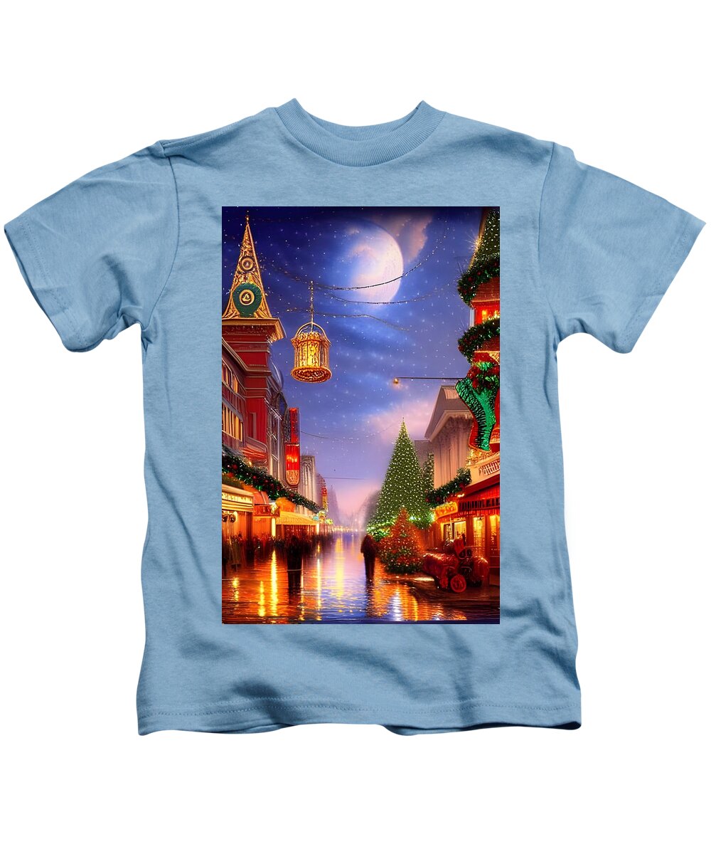 Digital Christmas City Shoppers Moon Kids T-Shirt featuring the digital art Christmas Under the Moon by Beverly Read