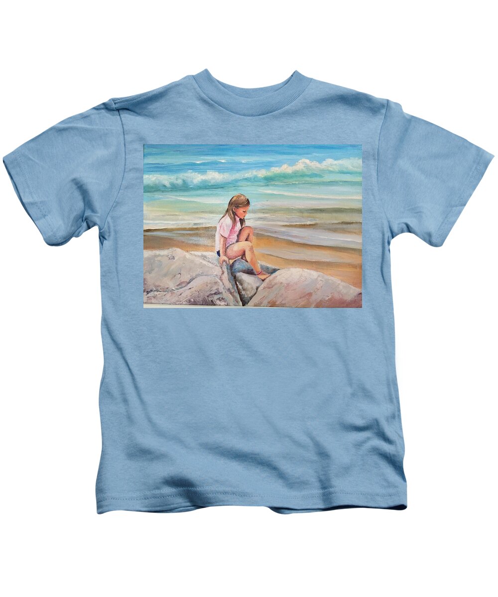 Beach Kids T-Shirt featuring the painting Climbing on the Rocks by Judy Rixom