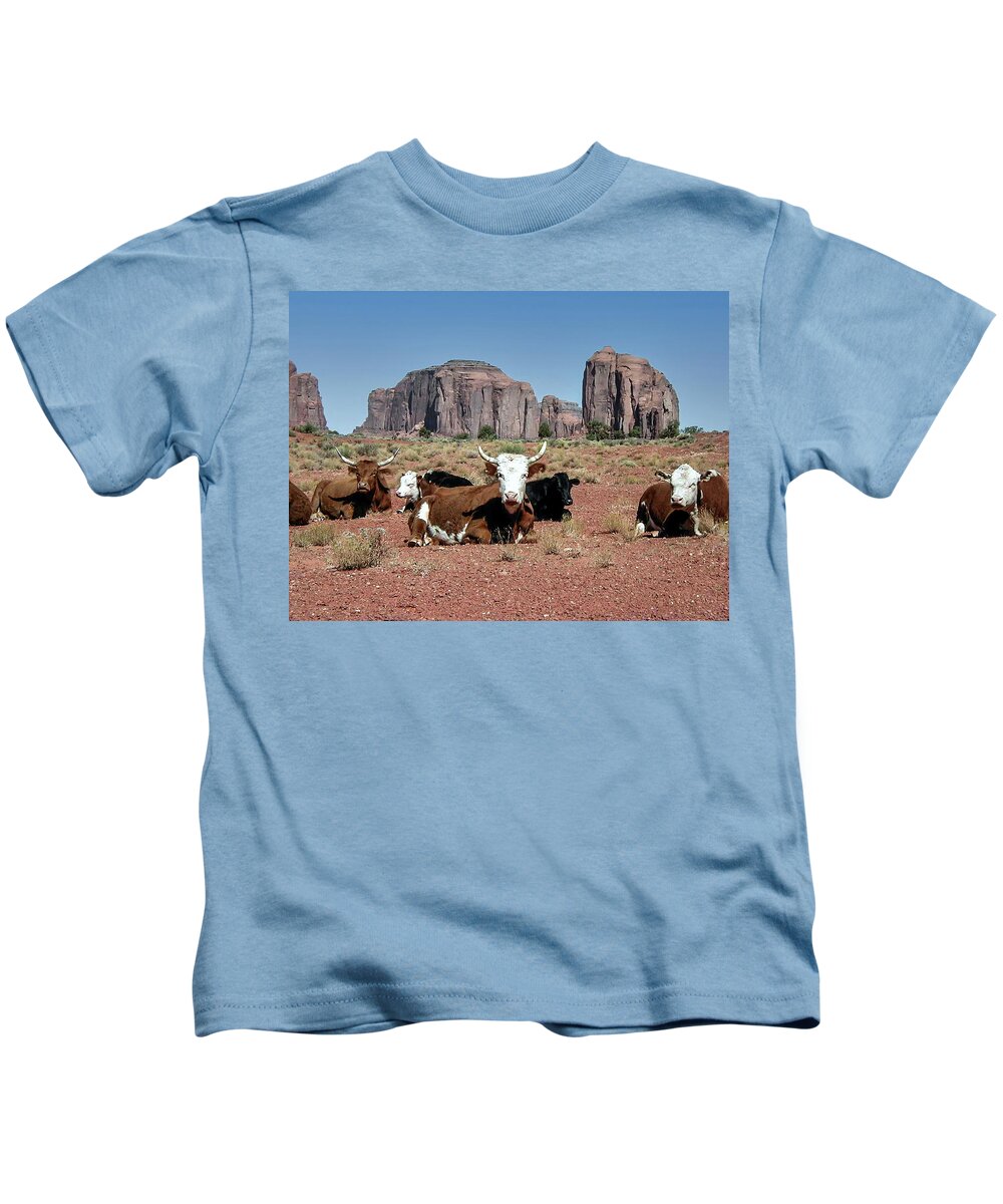 Monument Valley Kids T-Shirt featuring the photograph Cows in the Mittens by Louis Dallara