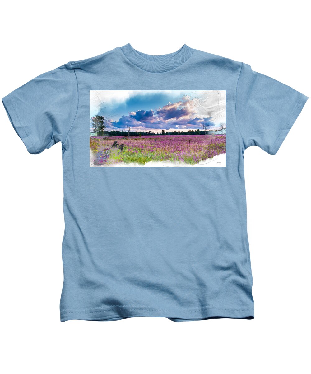 Landscape Kids T-Shirt featuring the mixed media Fuchsia Fields by Moira Law