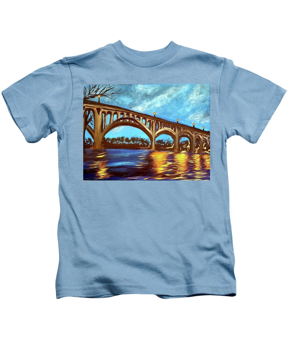 Night Kids T-Shirt featuring the painting Gervais Street Bridge at Night by Amy Kuenzie
