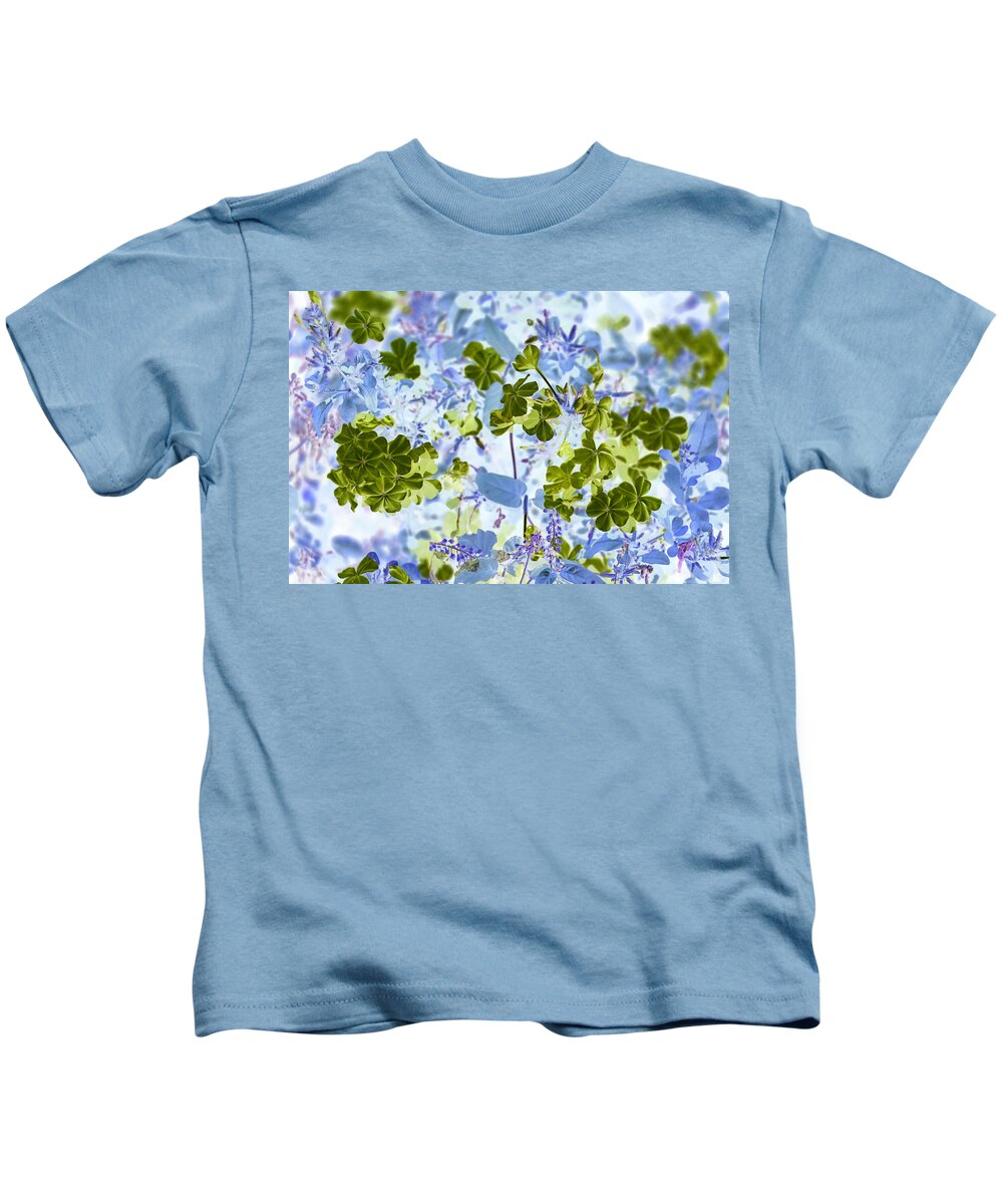 Flower Kids T-Shirt featuring the photograph Blooms of Green in Blue by Missy Joy