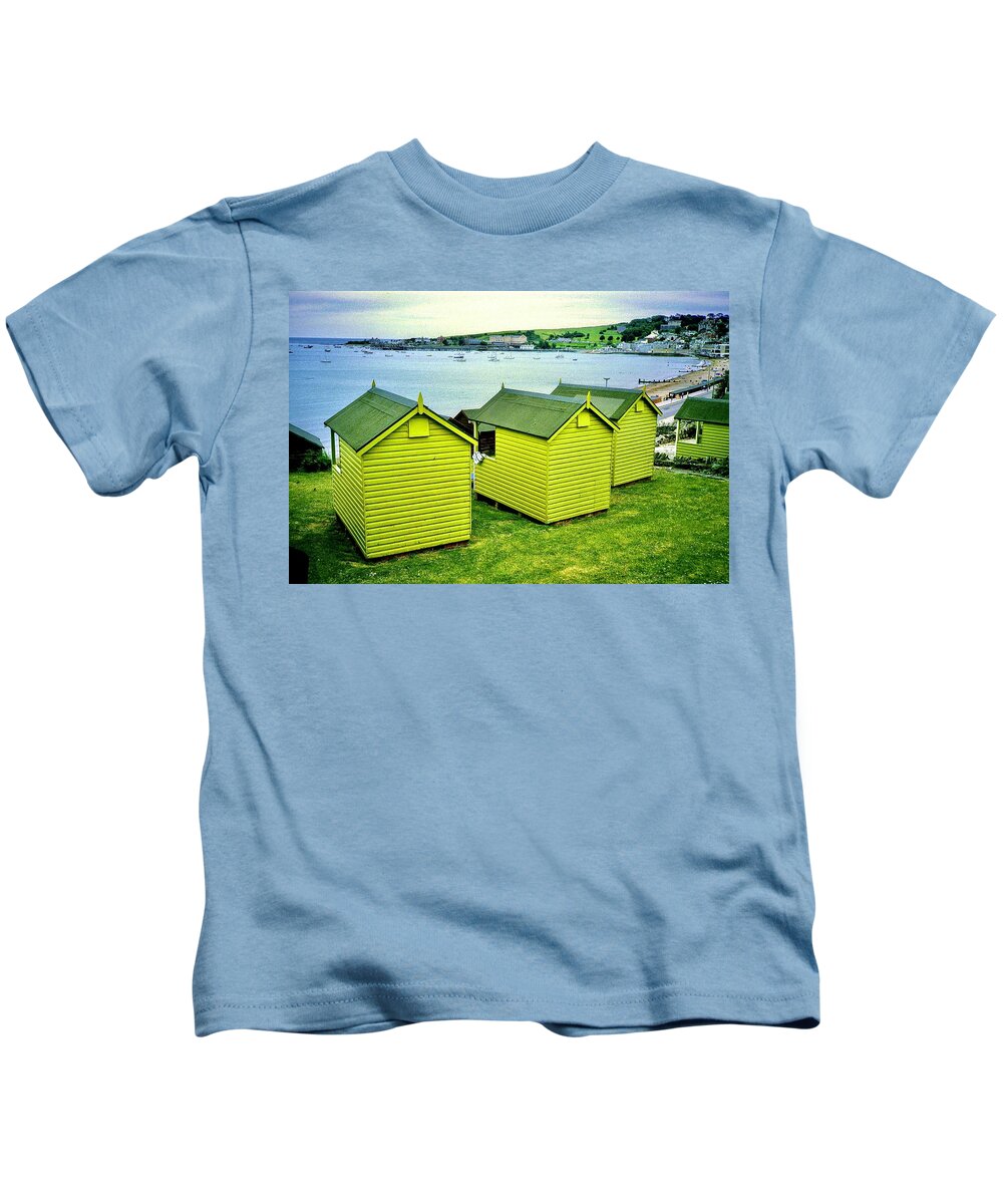 Swanage Kids T-Shirt featuring the photograph Green Swanage Beach Huts by Gordon James