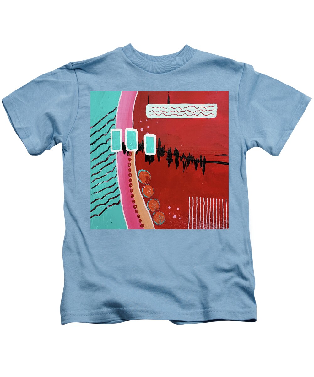 Aqua Kids T-Shirt featuring the painting HEARTBEAT Abstract In Red Aqua Blue Pink Mango by Lynnie Lang