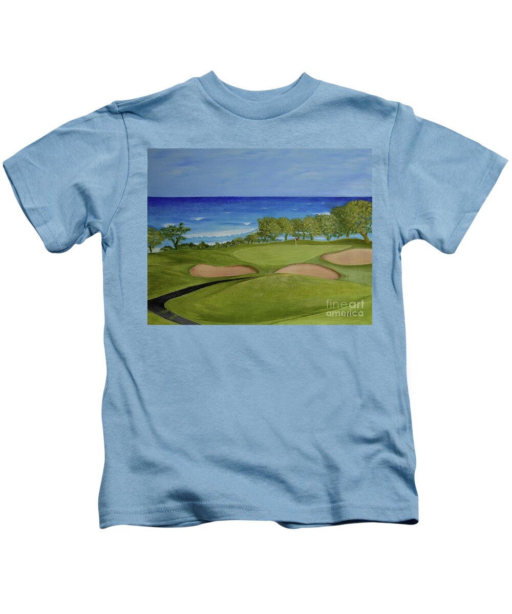 Golf Kids T-Shirt featuring the painting Hole 17 - Wailua Golf Course on Kauai by Mary Deal