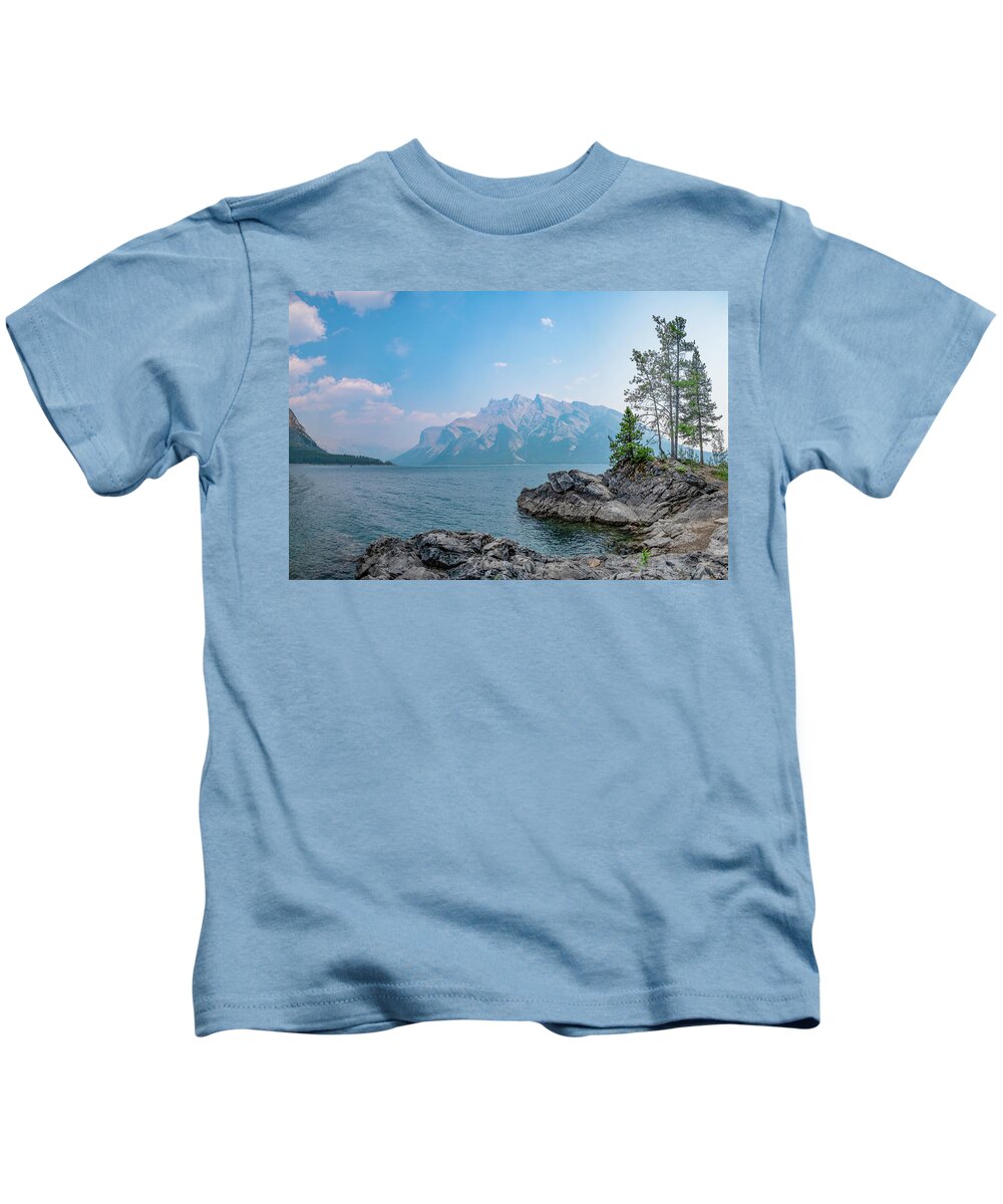 Banff National Park Kids T-Shirt featuring the photograph Lake Minnewanka from the Rocky Shore 2 by John Twynam