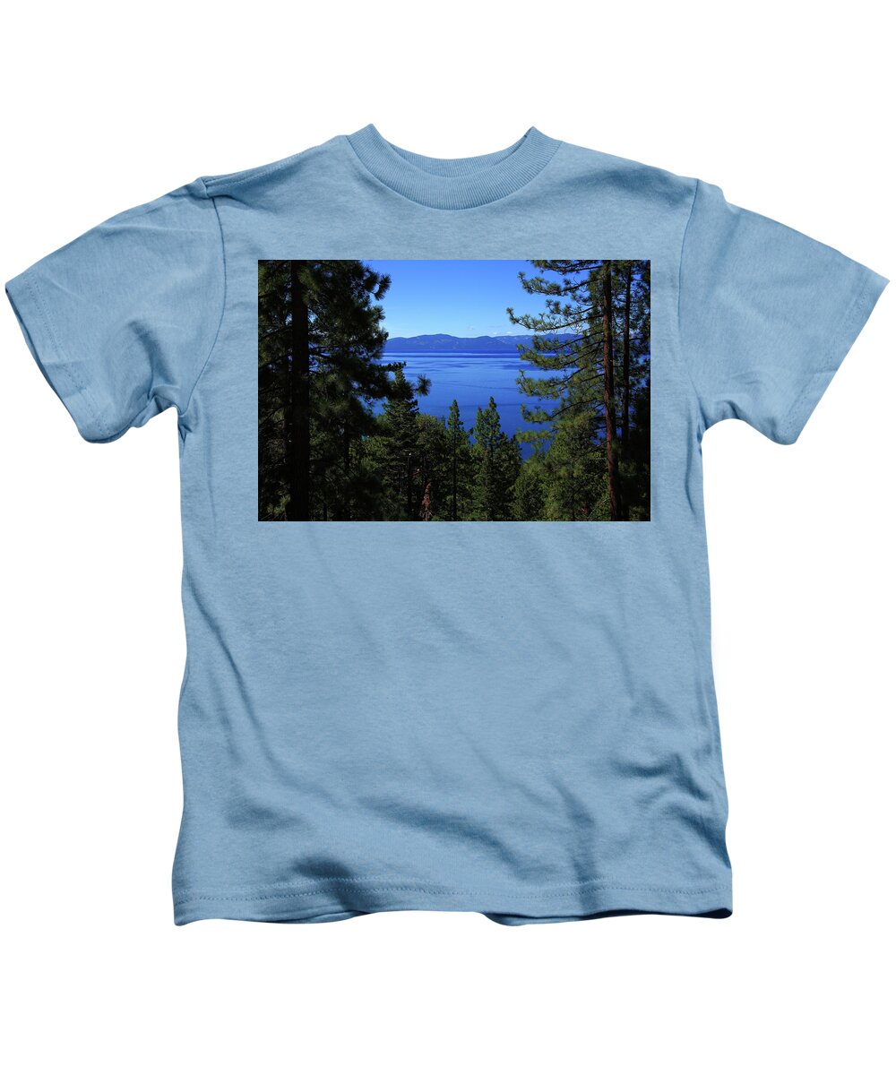 America Kids T-Shirt featuring the photograph Lake Tahoe Thru Pine Trees 2008 #1 by Frank Romeo
