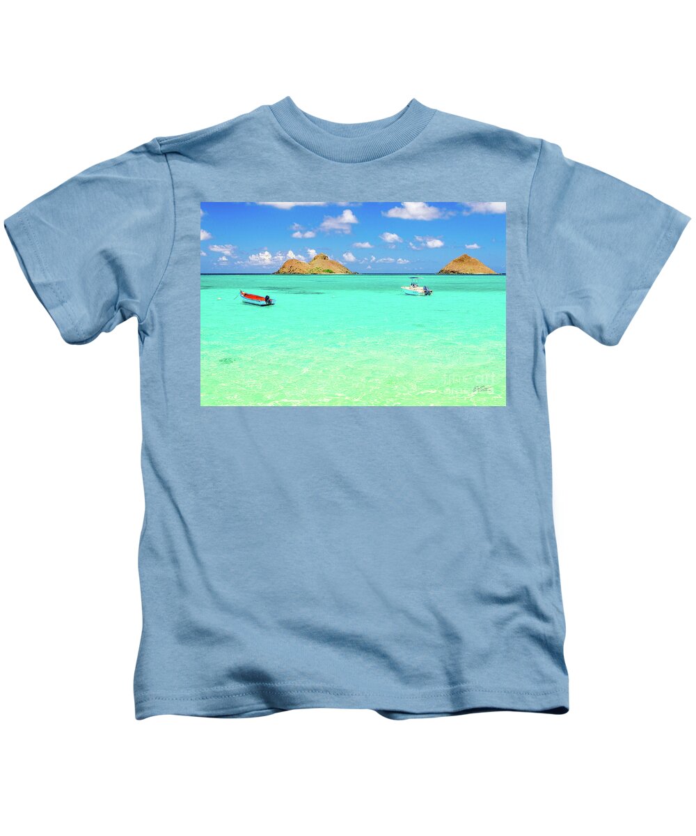 Lanikai Beach Kids T-Shirt featuring the photograph Lanikai Beach two Boats and Two Mokes by Aloha Art