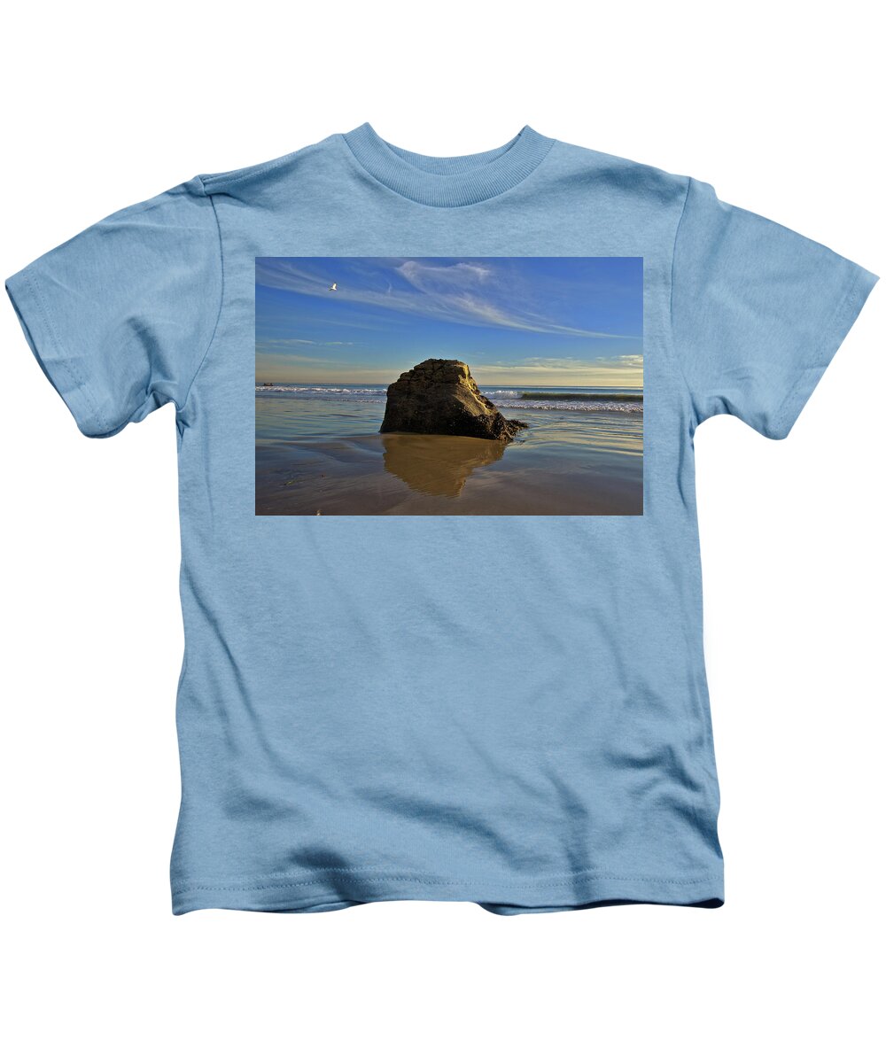 Malibu Beach Kids T-Shirt featuring the photograph Large Shoreline Rock in Malibu by Matthew DeGrushe