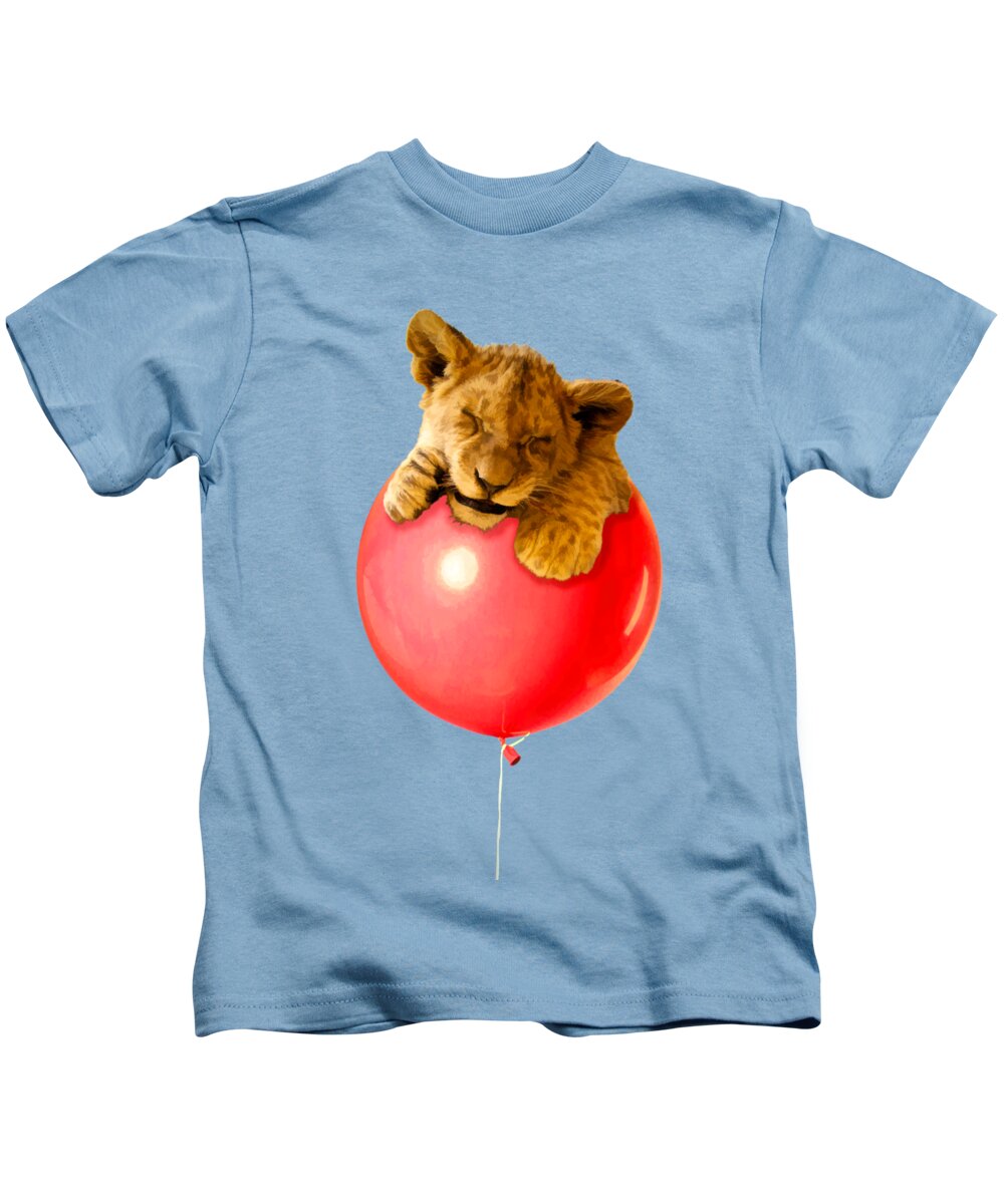 Balloon Kids T-Shirt featuring the photograph Lion Cub on a Red Balloon by John Haldane