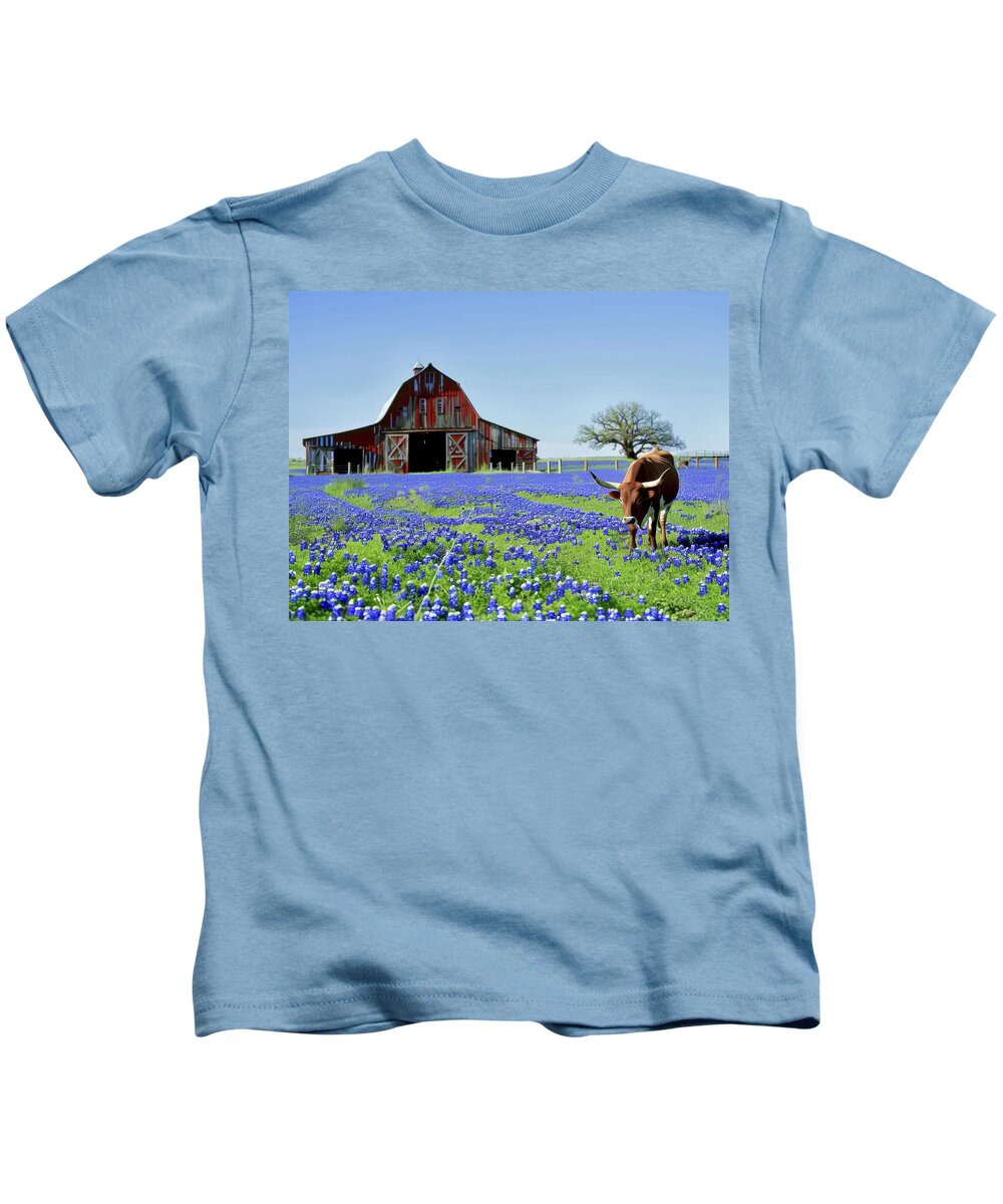 Texas Kids T-Shirt featuring the digital art Longhorn and Bluebonnets #2 by Joe Paul