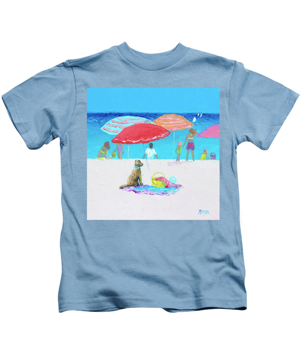 Beach Kids T-Shirt featuring the painting Minding the picnic under a Red Umbrella, beach scene by Jan Matson