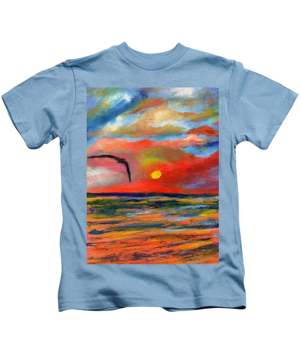 Sunset Kids T-Shirt featuring the painting Ode To Bird Flight at Sunset Over the Ocean by Susan Grunin