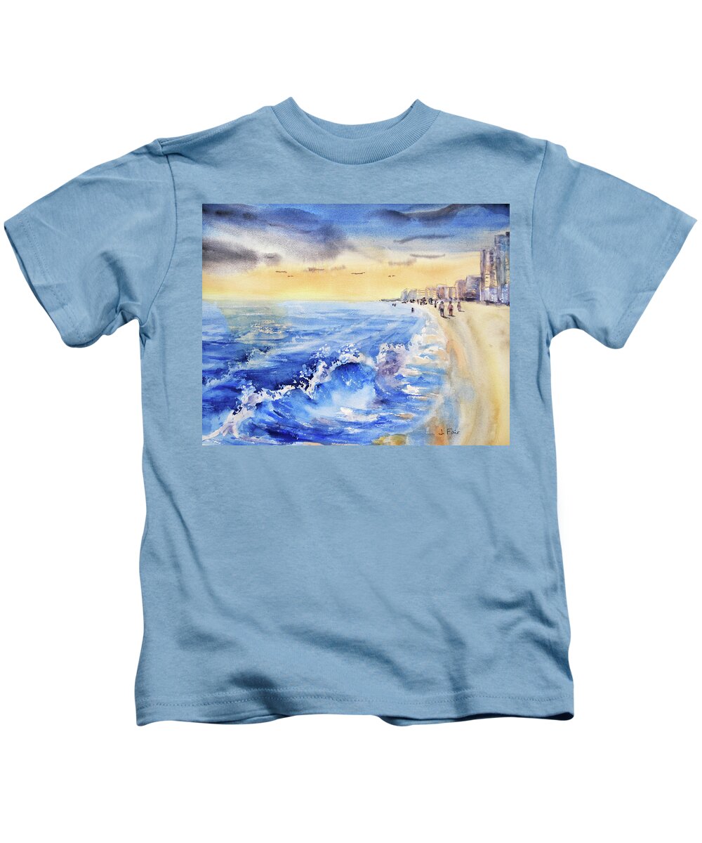  Kids T-Shirt featuring the painting Orange Beach at Dusk by Jerry Fair