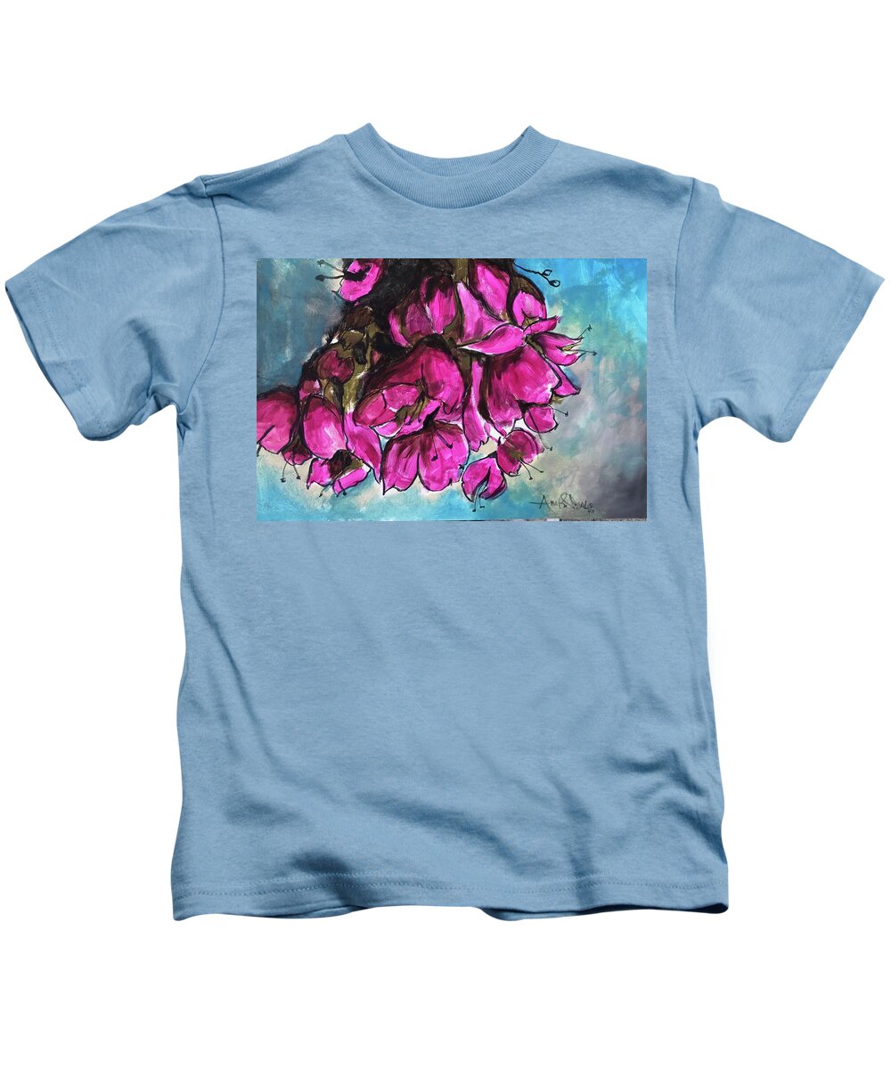  Kids T-Shirt featuring the painting Pink Flowers by Angie ONeal