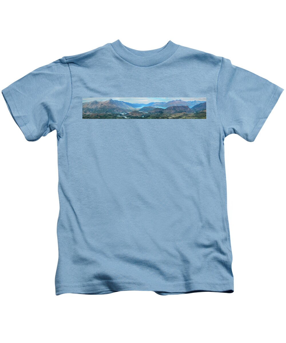 Panorama Kids T-Shirt featuring the photograph Queenstown NZ Valley Full Panoramic by John Marr