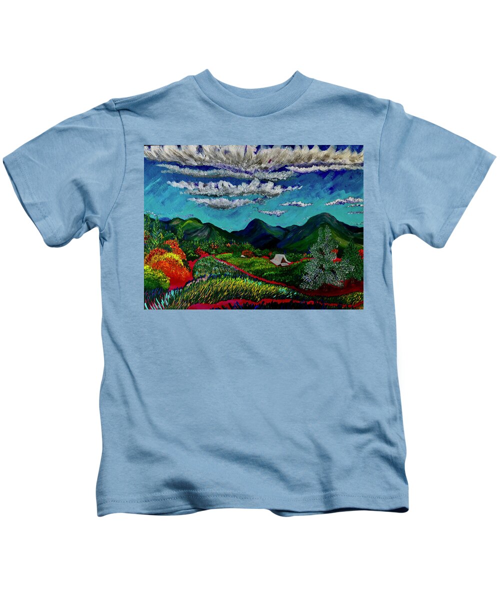 Farms Kids T-Shirt featuring the painting Rolling clouds over Betsy's farm. Williams, Oregon. by ArtStudio Mateo