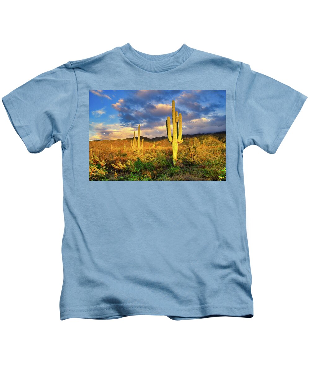 Saguaro Kids T-Shirt featuring the photograph Saguaro Cacti at Sunset by Chance Kafka