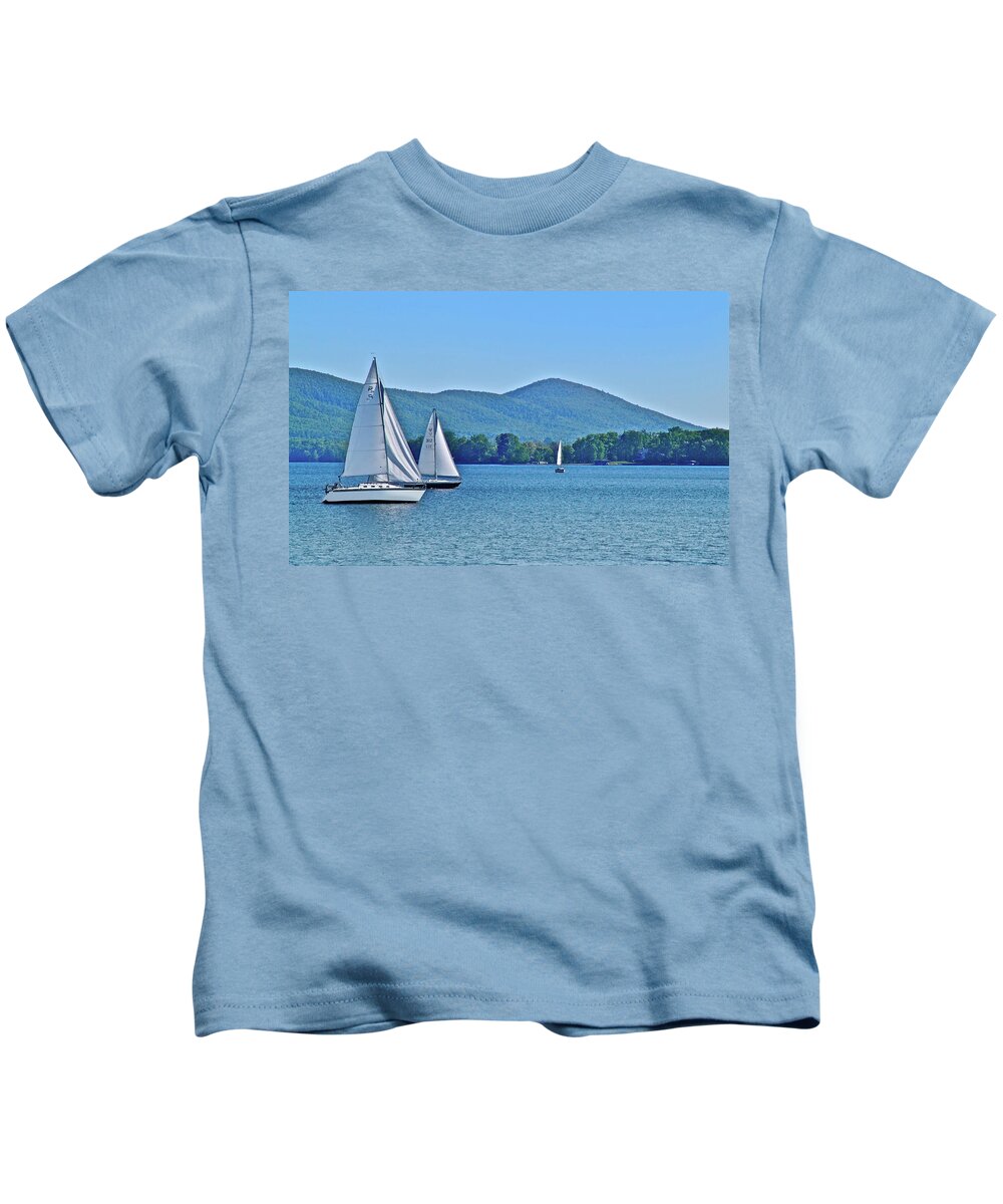 Smith Mountain Lake Sailboats Kids T-Shirt featuring the photograph Sailors In Motion by The James Roney Collection
