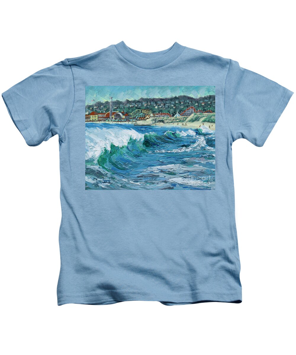 Impasto Kids T-Shirt featuring the painting Seabright Beach Wave, 2021 by PJ Kirk