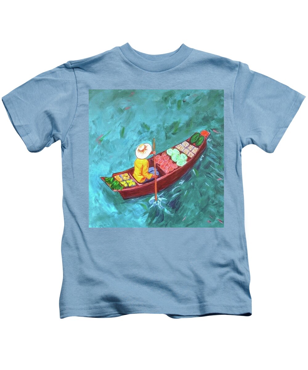 Teal Kids T-Shirt featuring the painting Selling produce by Gail Friedman