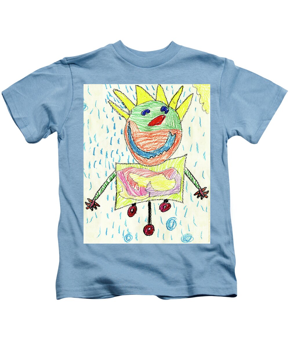 Smiling Robot Art By Kids Sun And Rain Yellow Green Orang Blue Child Kids T-Shirt featuring the painting Smiling Robot by Nick Abrams Age 7