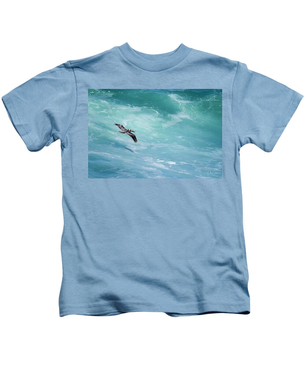 Pelican Bird Soaring Flight Flying Animal Fauna Nature Aqua Sea Ocean Water Kids T-Shirt featuring the photograph Soaring the Aqua Sea by Alice Schlesier
