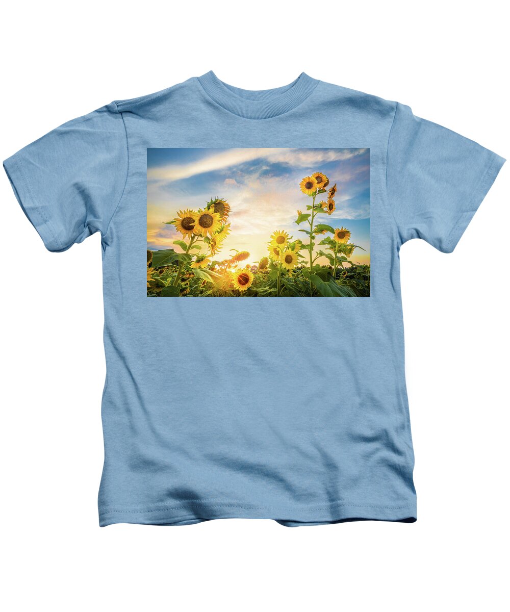 Sunflower Kids T-Shirt featuring the photograph Sunset Among The Sunflowers by Jordan Hill