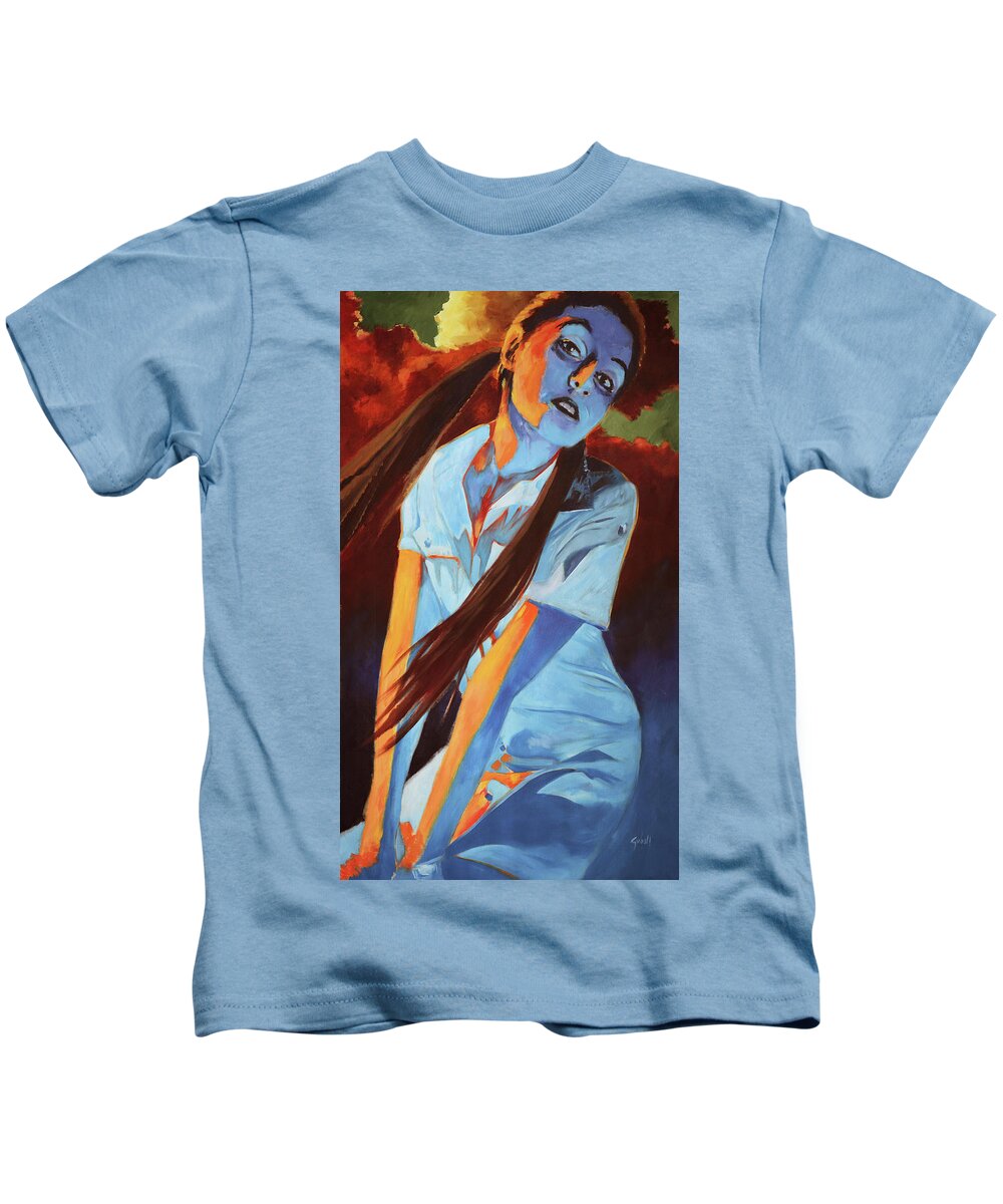 Girl Kids T-Shirt featuring the painting Sunset Girl Diptyque by Sv Bell