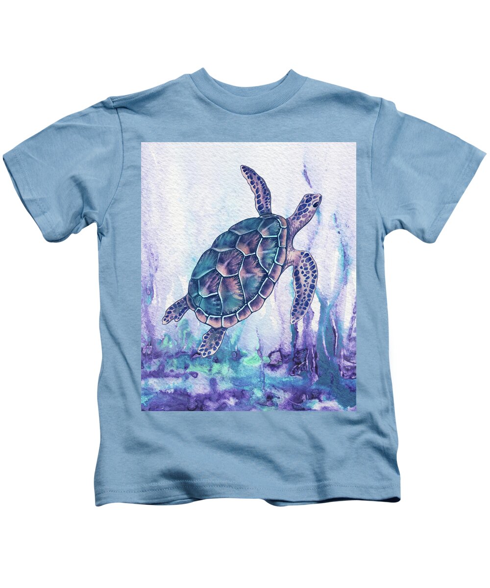 Giant Kids T-Shirt featuring the painting Swimming Free In The Purple Sea Giant Turtle Watercolor by Irina Sztukowski