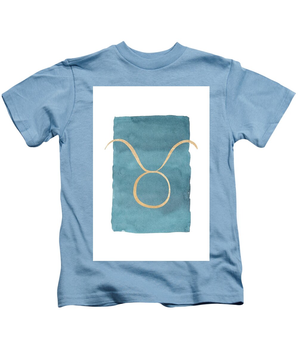 Taurus Kids T-Shirt featuring the digital art Taurus Zodiac Star Sign - Teal and Gold by Georgia Clare