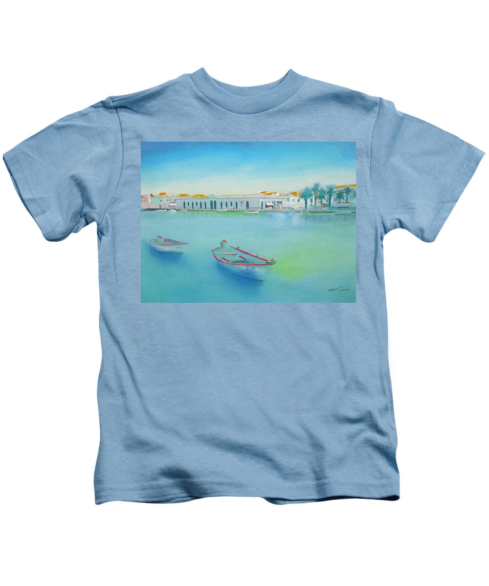 Boat Kids T-Shirt featuring the painting Tavira Portugal the Old Market by Charles Stuart