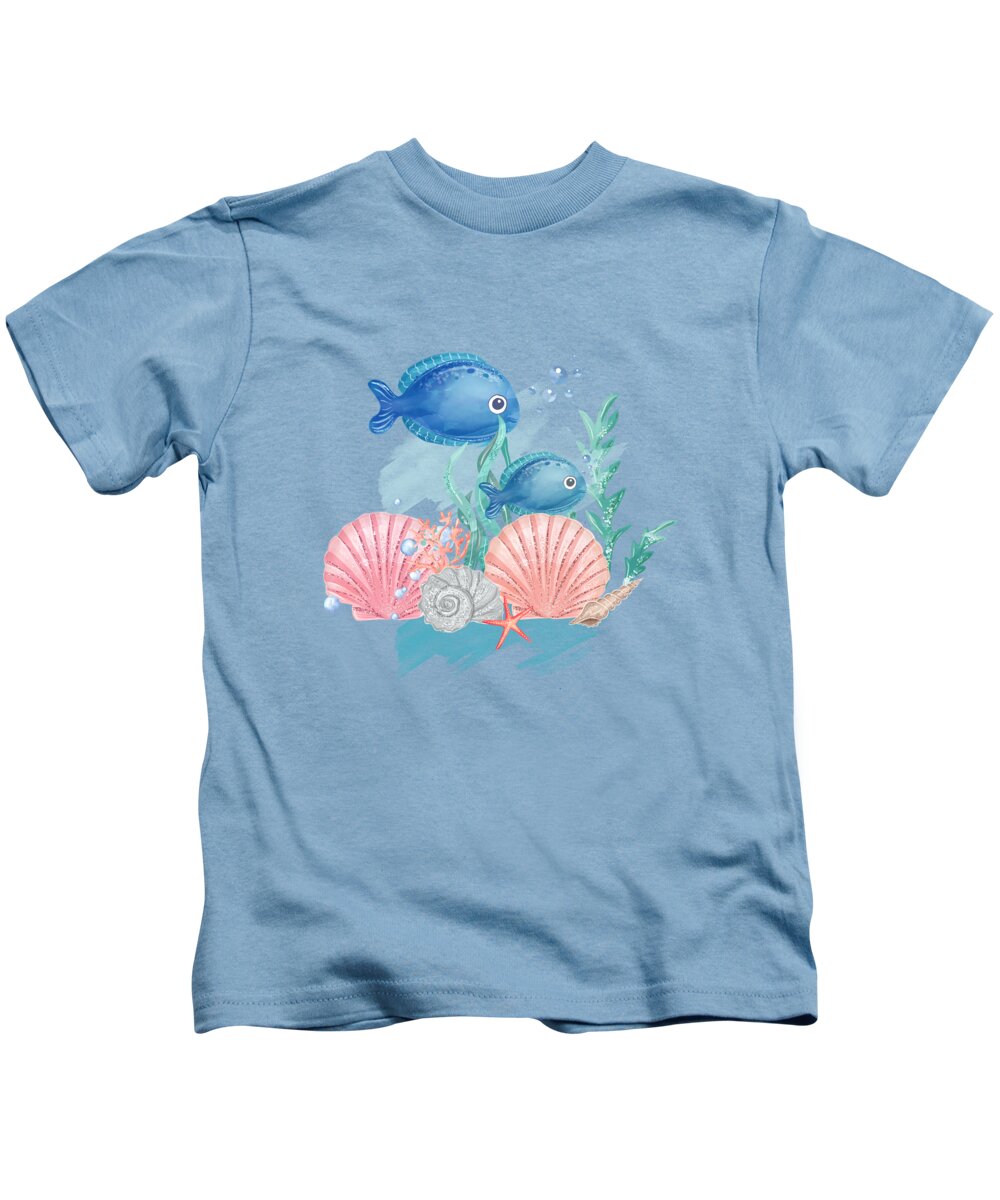 Fish Kids T-Shirt featuring the mixed media The Happy Blue Fish In The Colorful Coral Reef by Johanna Hurmerinta