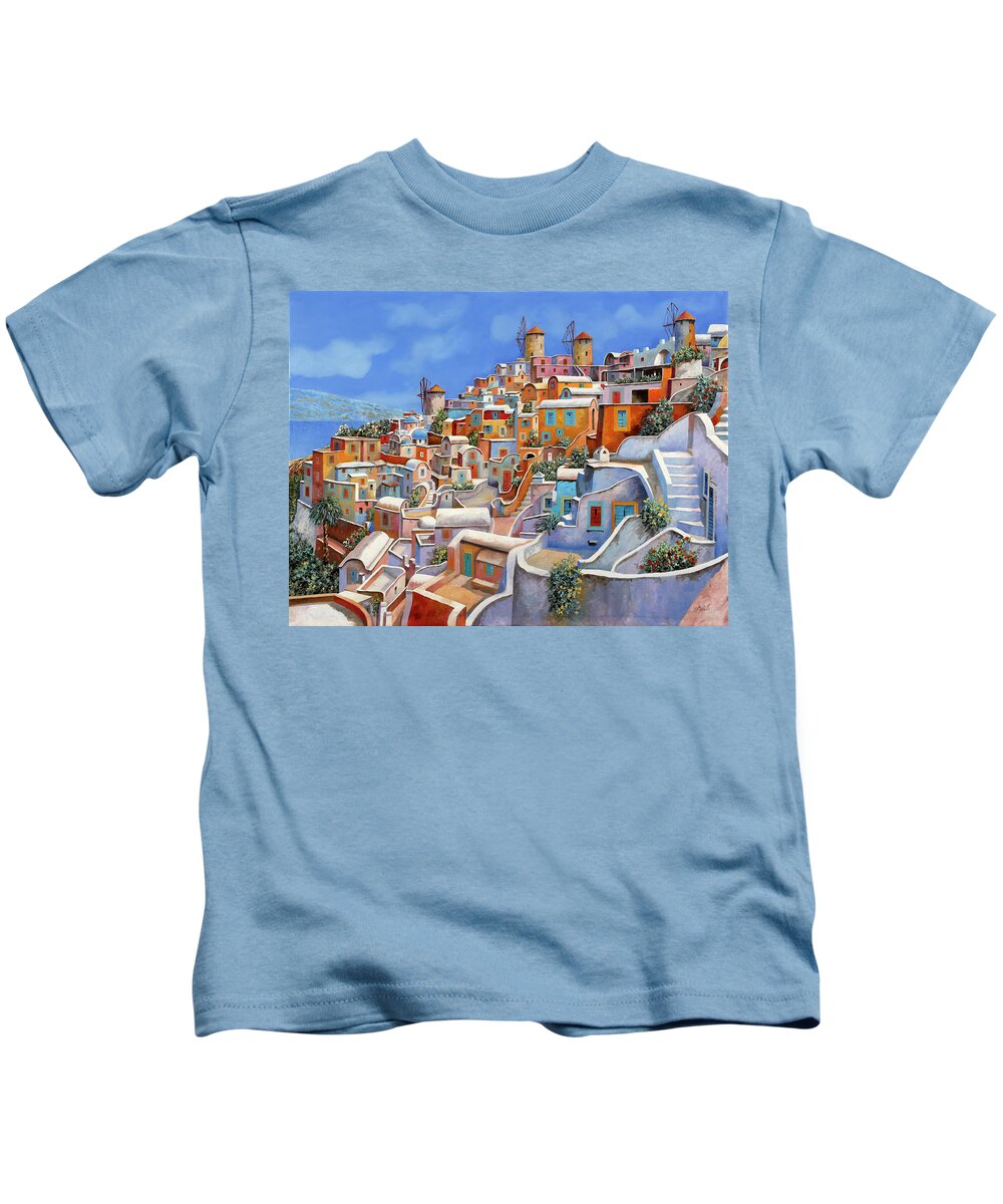 Greece Kids T-Shirt featuring the painting Tutti I Colori Di Santorini  by Guido Borelli