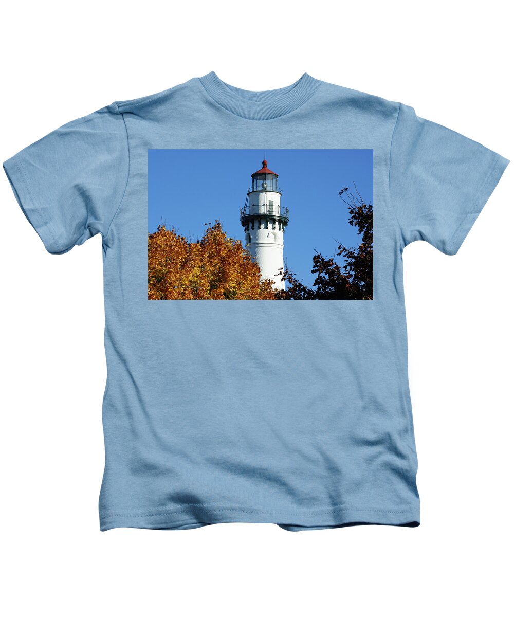 Wind Point Lighthouse Kids T-Shirt featuring the photograph Wind Point Top by Deb Beausoleil