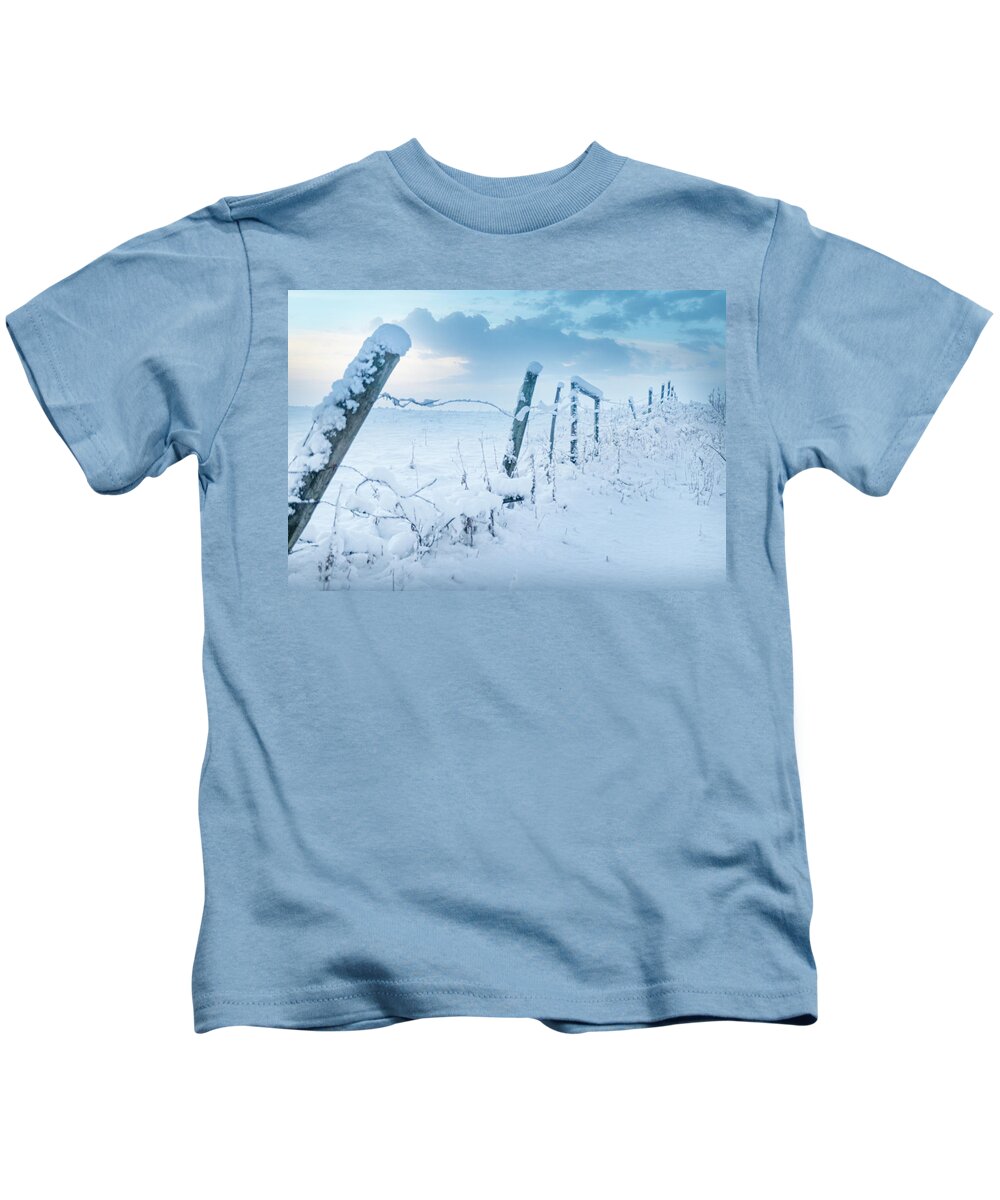 Snow Kids T-Shirt featuring the photograph Winter Sky And Snowy Fence by Karen Rispin