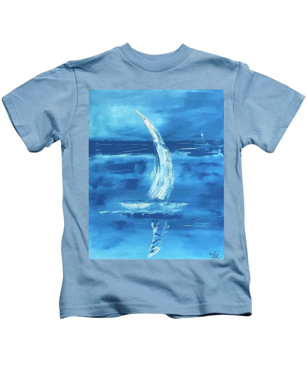 Oil Painting Kids T-Shirt featuring the painting Yacht - white by Roger Cummiskey