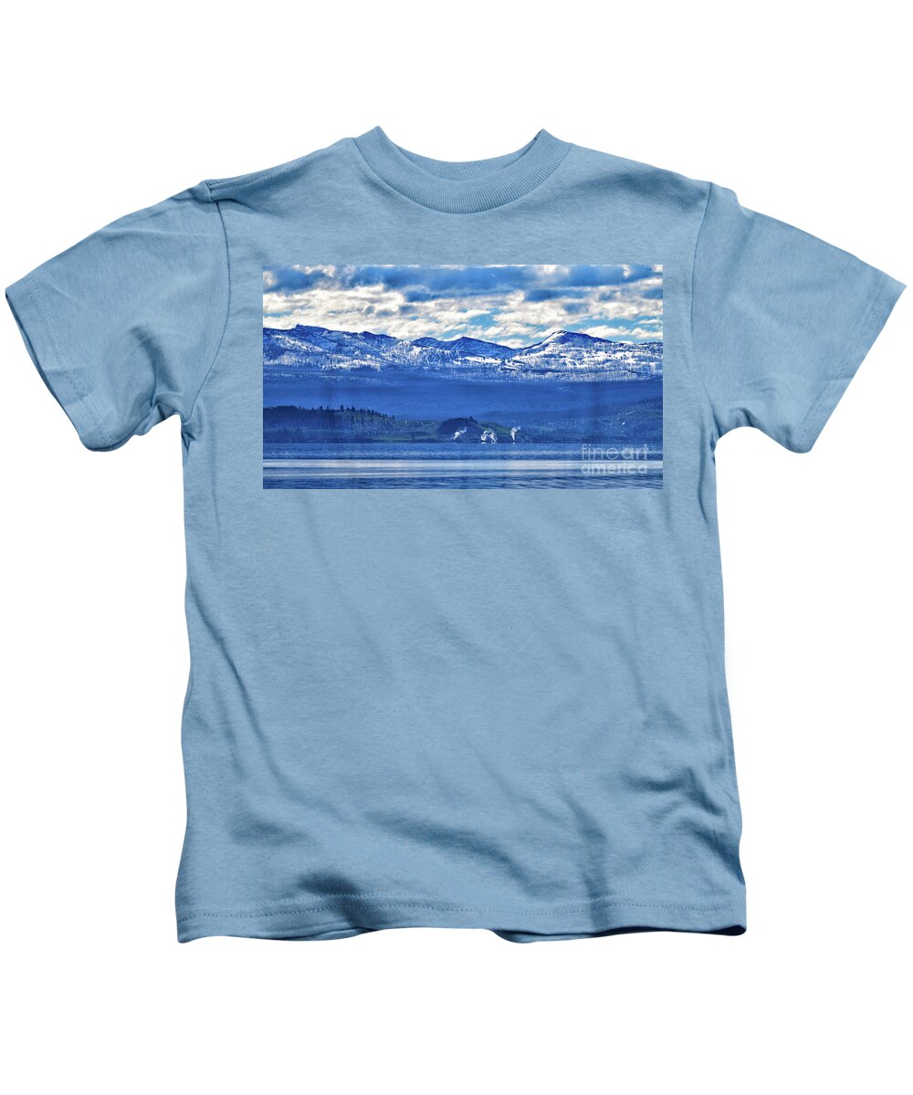Yellowstone Kids T-Shirt featuring the photograph Yellowstone Lake with Erupting Geysers by Amazing Action Photo Video