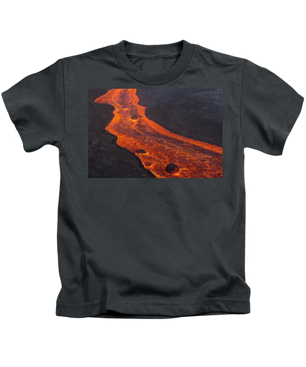 Feb0514 Kids T-Shirt featuring the photograph Lava Flow Tolbachik Volcano Kamchatka #1 by Sergey Gorshkov