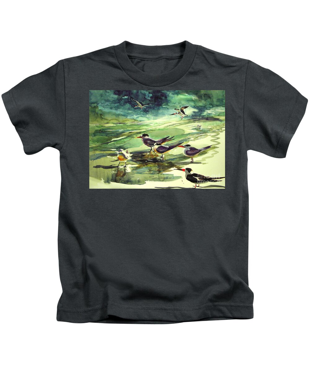 Watercolor Kids T-Shirt featuring the painting Royal Terns and Black Skimmers by Julianne Felton