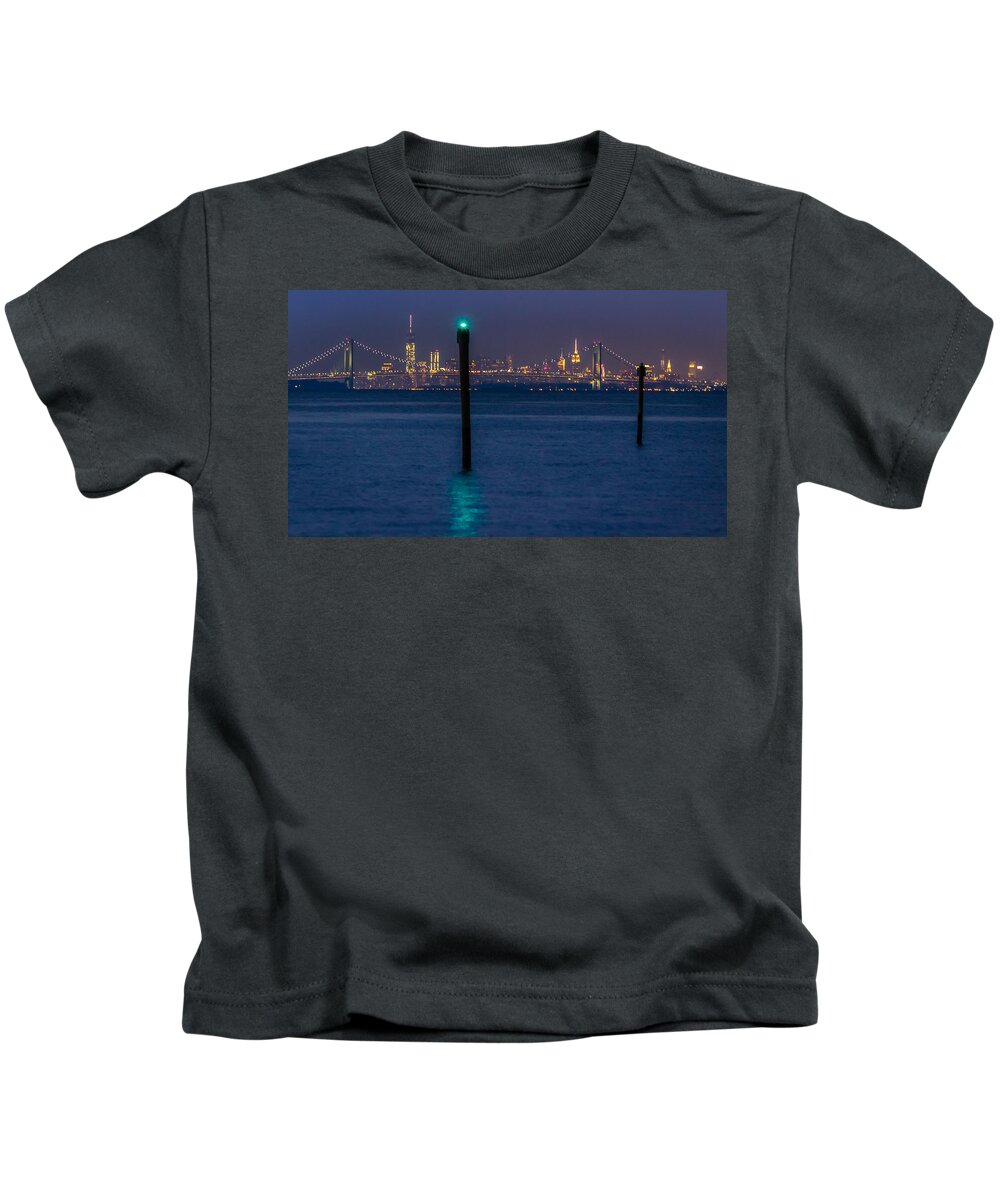Bayshore Waterfront Kids T-Shirt featuring the photograph Verrazano-Narrows bridge and NYC skyline from Port Monmouth #1 by SAURAVphoto Online Store