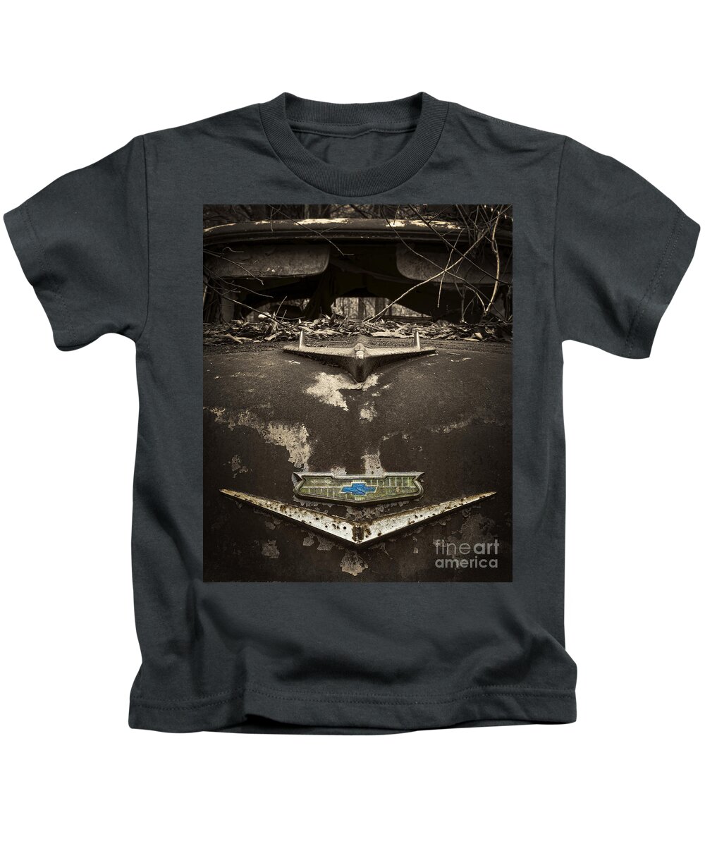 1956 Kids T-Shirt featuring the photograph 1956 Chevrolet Rust Bucket Sepia Toned by Ken Johnson