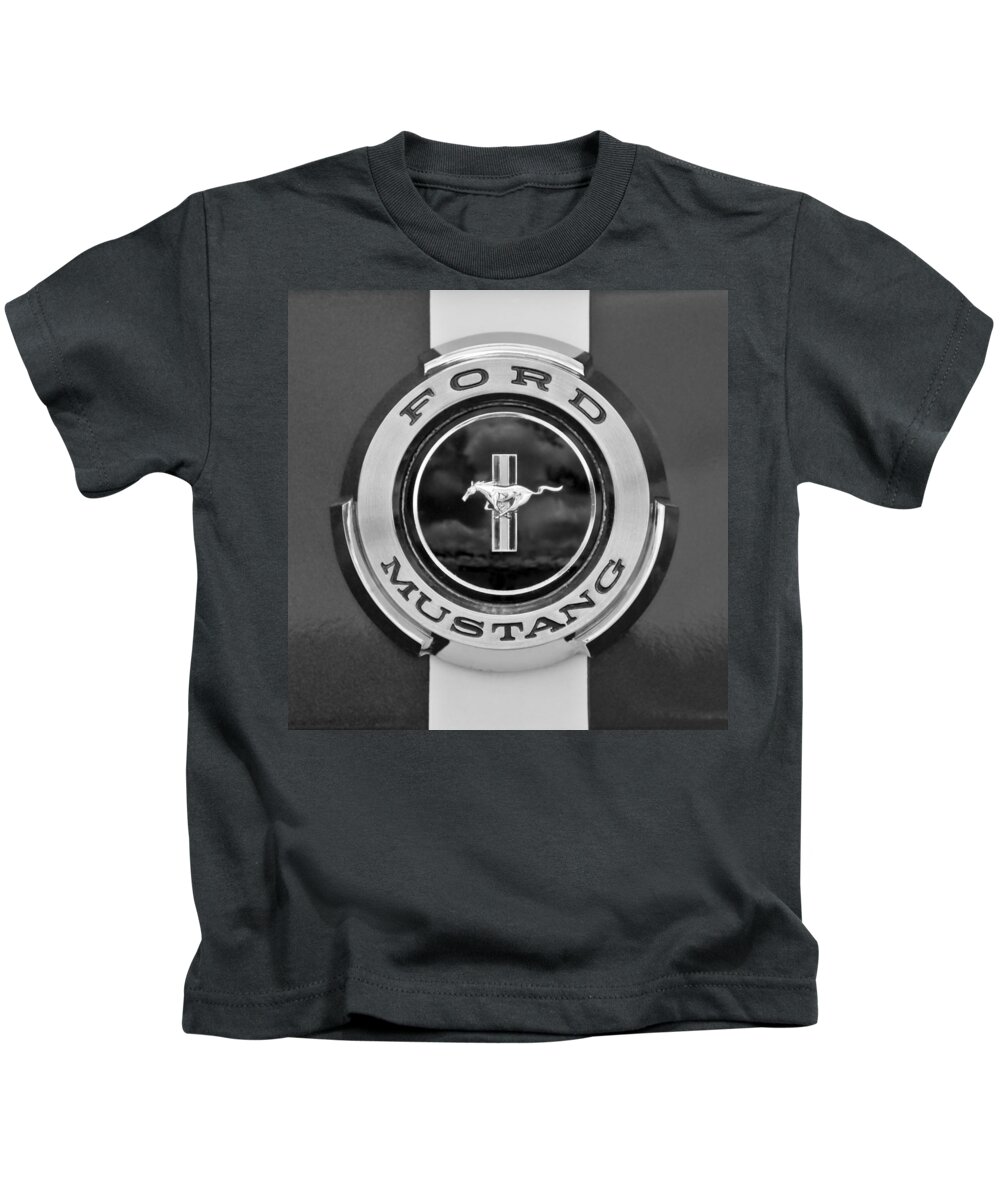 1966 Ford Mustang Kids T-Shirt featuring the photograph 1966 Ford Mustang Shelby Gt 350 Emblem Gas Cap -0295BW by Jill Reger