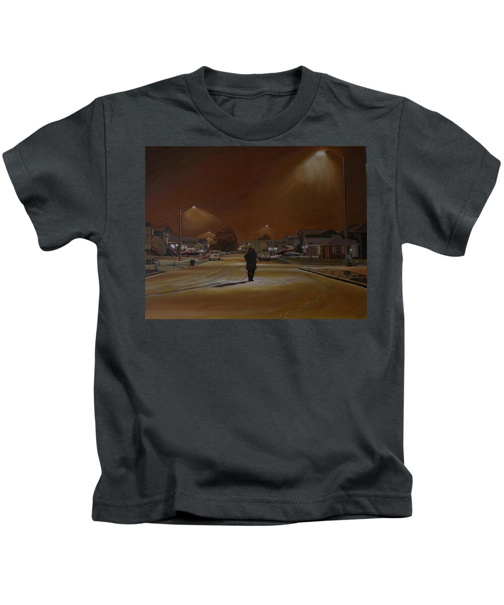 Winter Landscape Kids T-Shirt featuring the painting 1997-My First Snowy Winter by Thu Nguyen