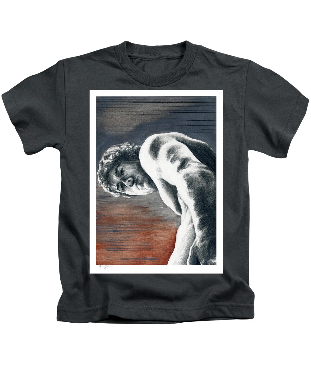 Pencil Art Kids T-Shirt featuring the painting A Boy Named Sideways by Rene Capone